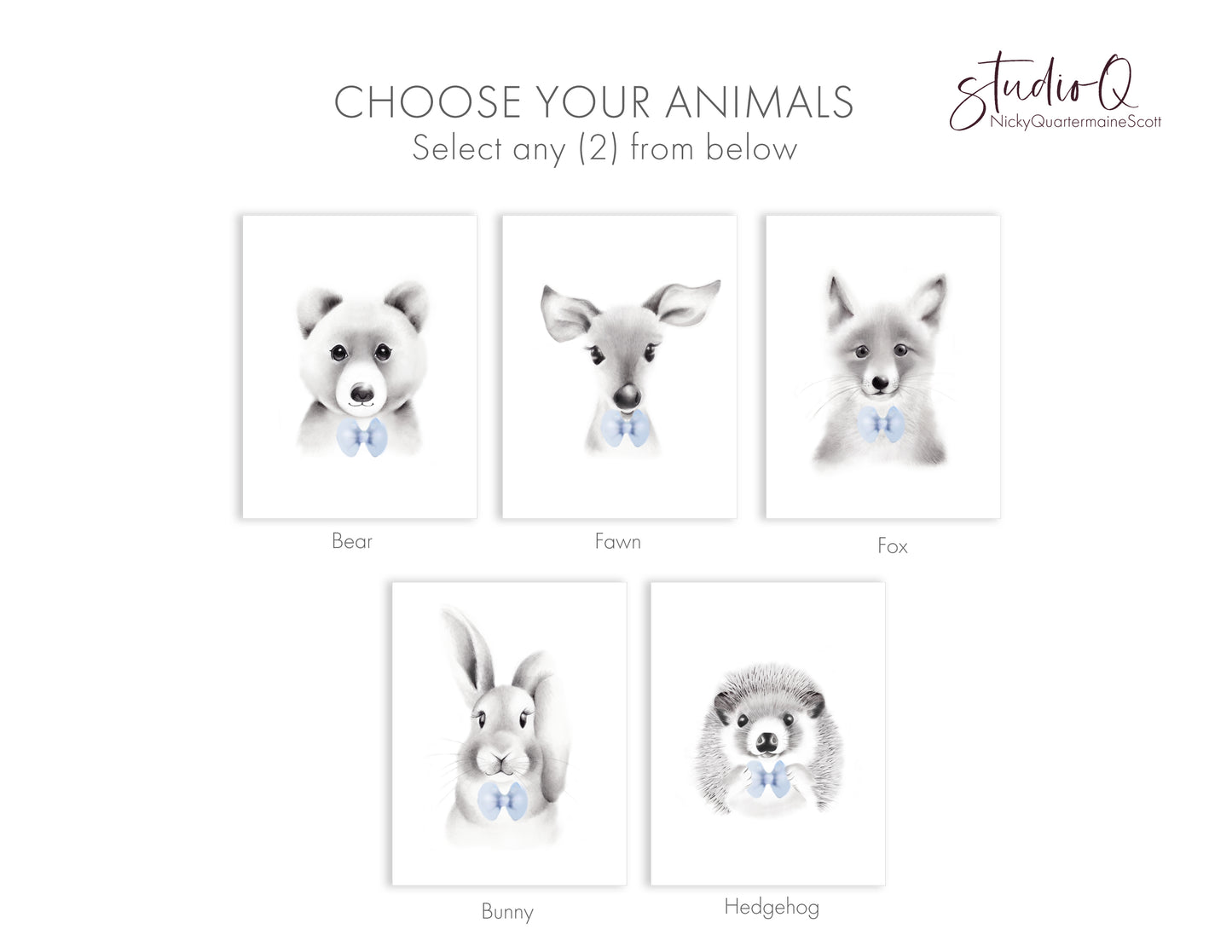 Animal Faces with Bow Ties - Art Prints - Set of 2
