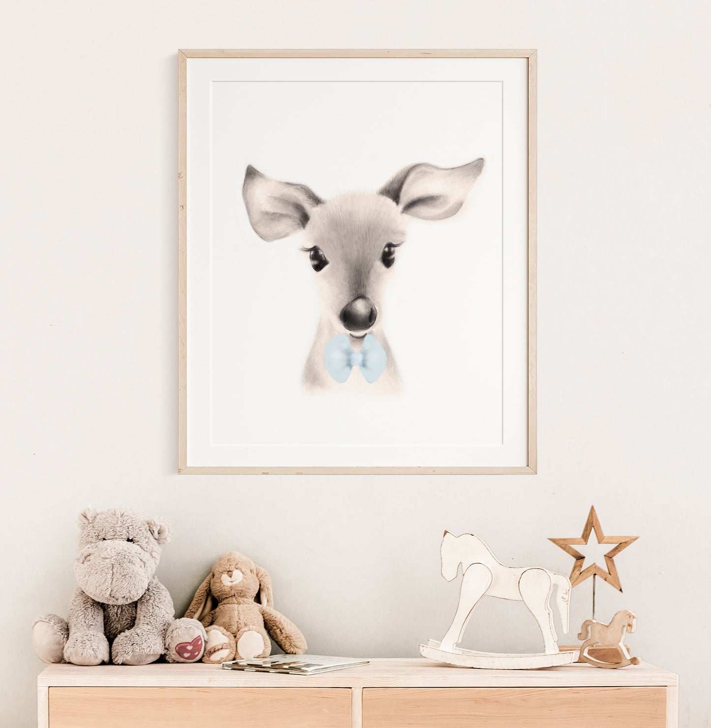 Art print of a Baby deer with a blue bow tie, in closeup. Art by Nicky Quartermaine Scott for Studio Q.