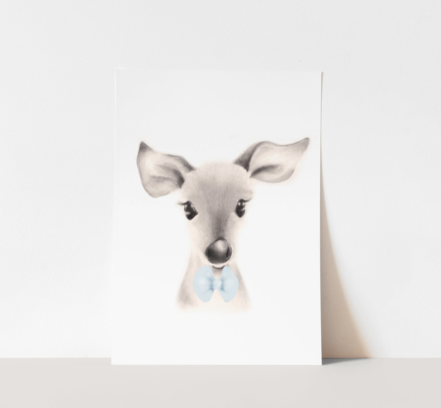 Art print of a Baby deer with a blue bow tie, in closeup. Art by Nicky Quartermaine Scott for Studio Q.