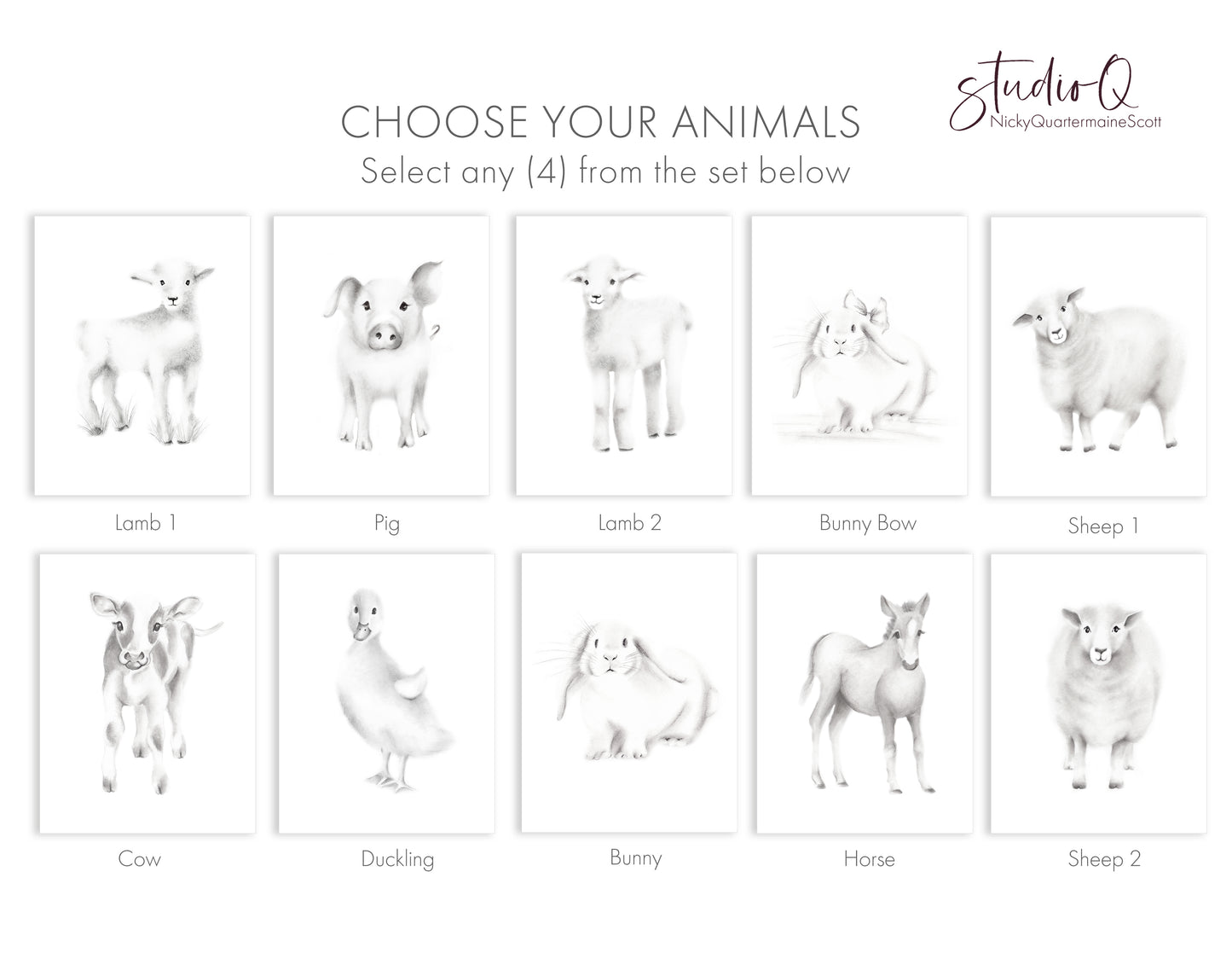 Farmhouse Sketch Nursery Prints - Set of 6 - Set of 4 - Studio Q - Art by Nicky Quartermaine Scott