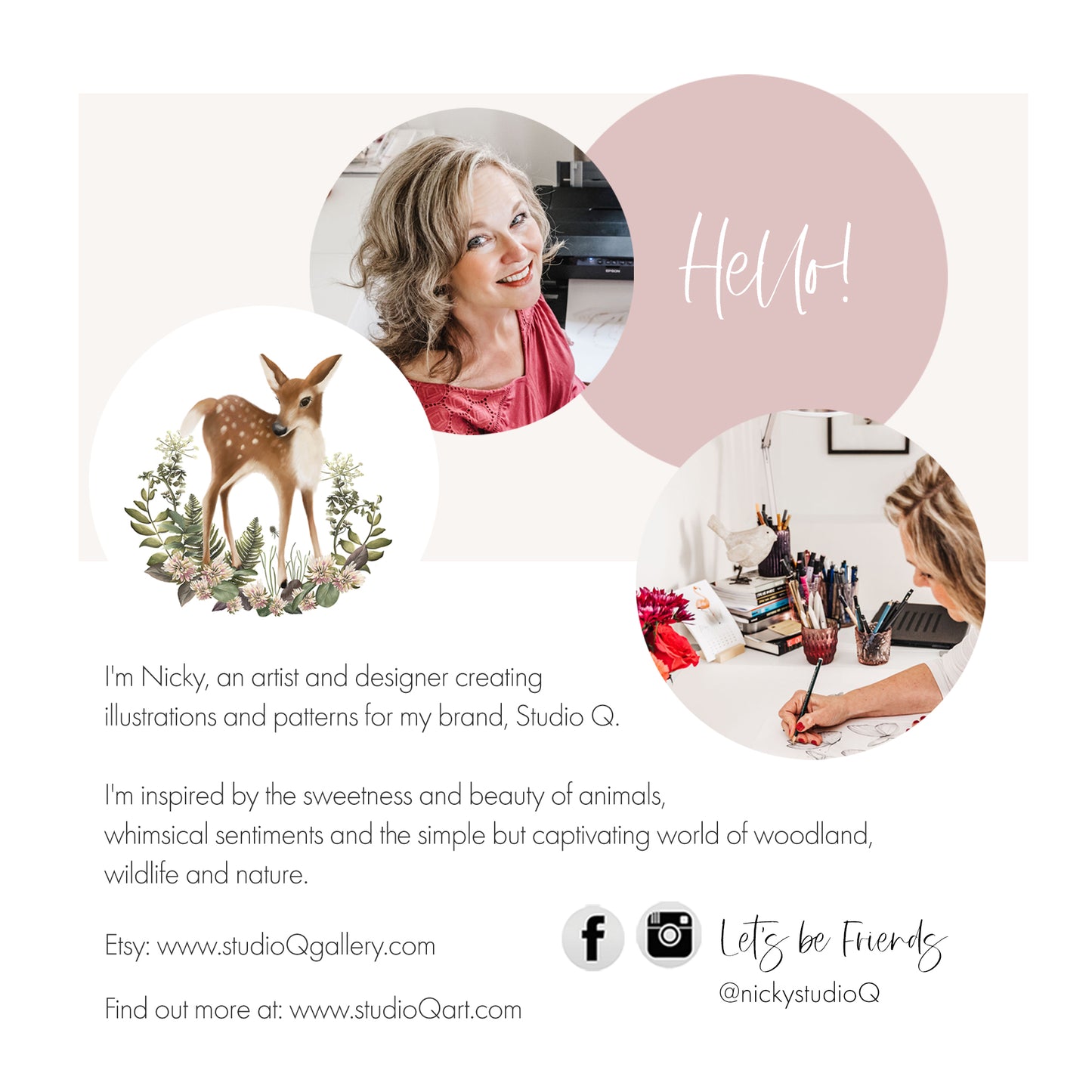 Promotional graphic for Nicky Q Scott, an artist and designer, with her illustrations of a deer and text about her work.
