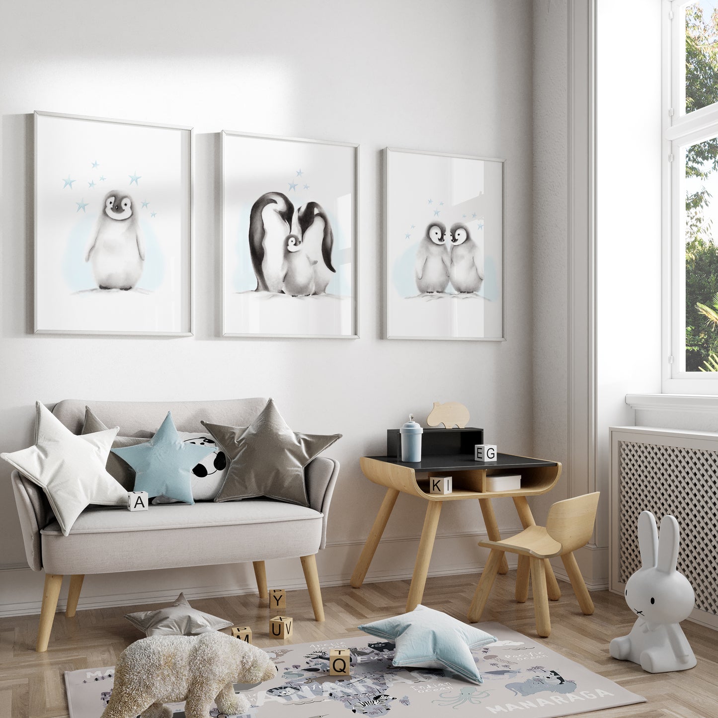 Penguin Family With Blue Accents Nursery Art - Set of 3 Prints - Studio Q - Art by Nicky Quartermaine Scott