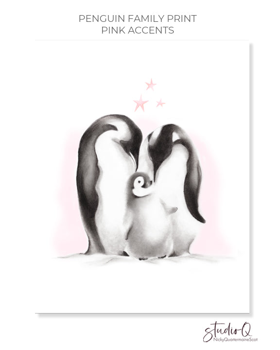 Penguin family with stars drawing by Nicky Quartermaine Scott for Studio Q