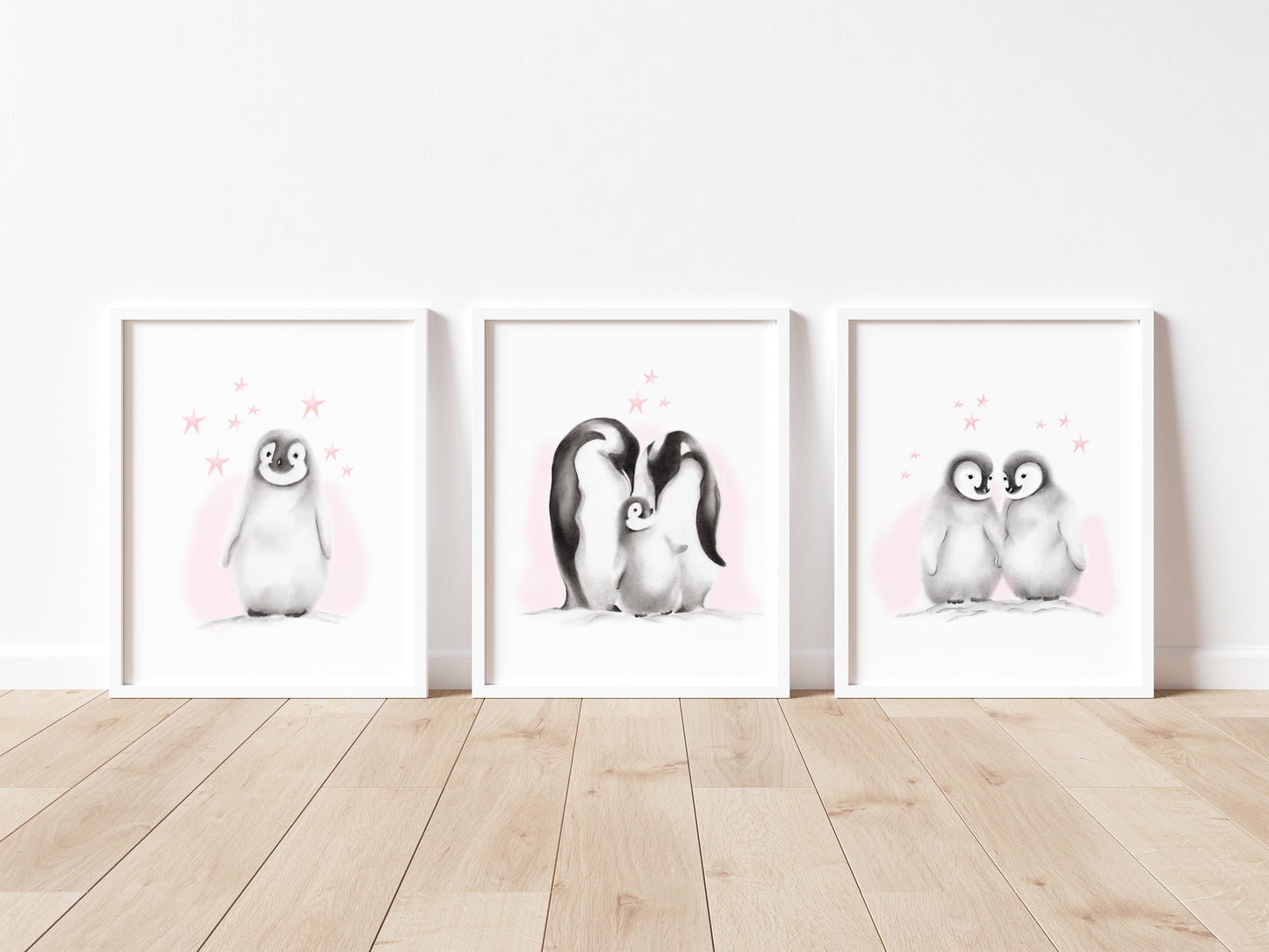Penguin Family Pink Accents - Set of 3 Prints