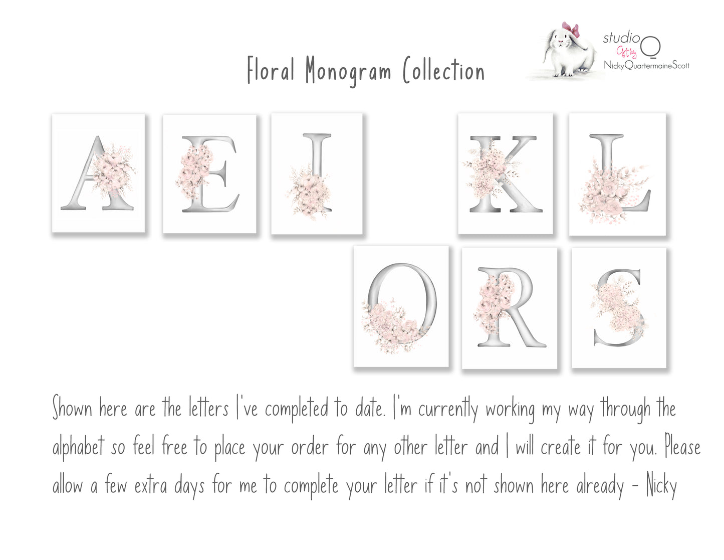 Flower Initial Monogram Prints - Sweet Blush - Set of 3
