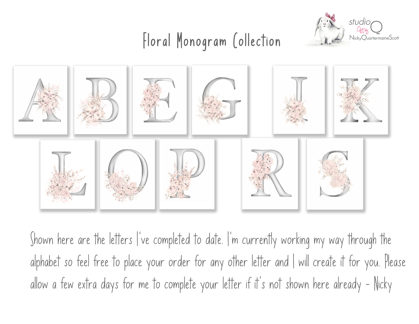Flower Letter Monogram Art Print- Studio Q - Art by Nicky Quartermaine Scott