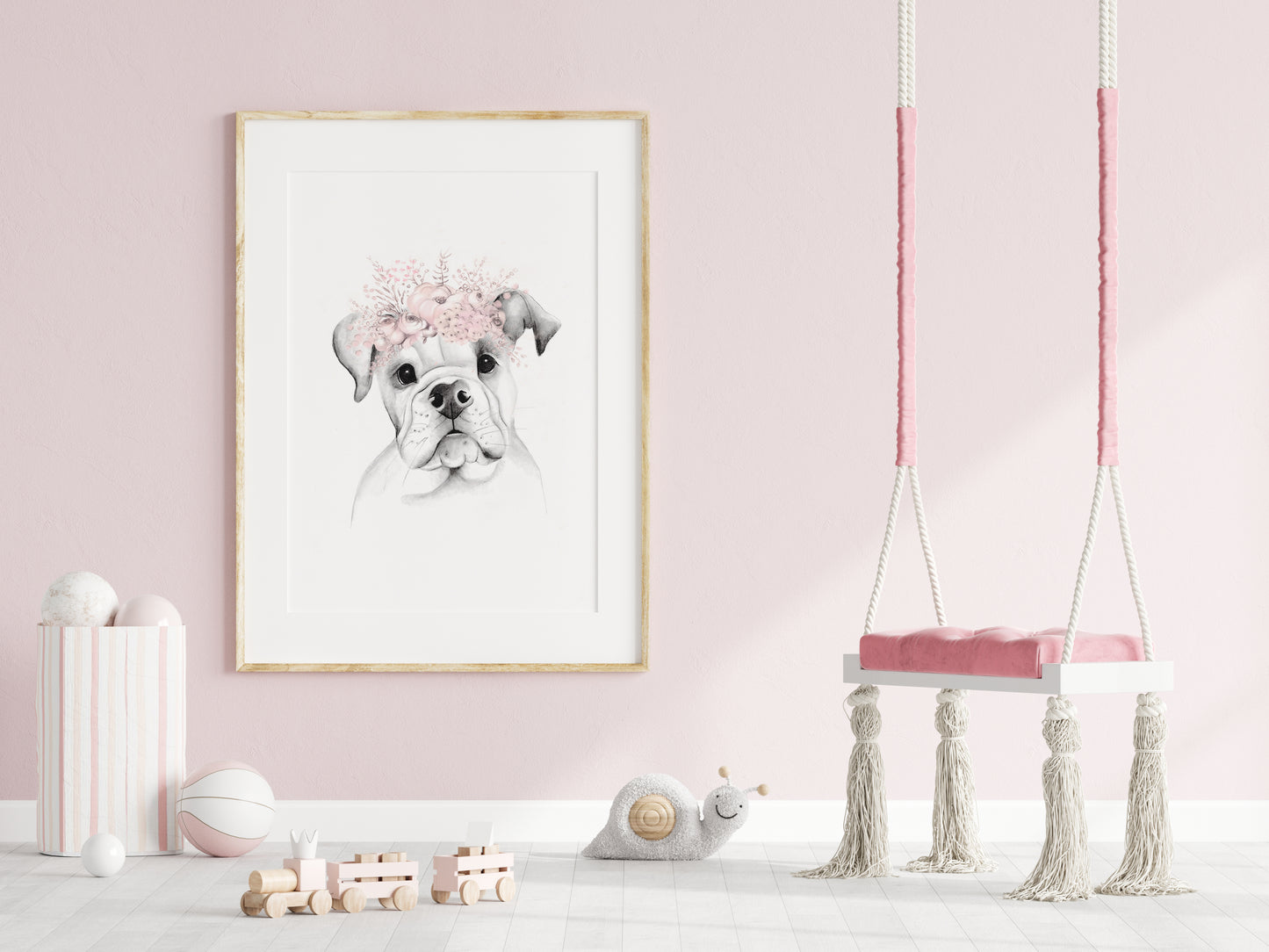 American Bulldog Pup Floral Crown Print - Studio Q - Art by Nicky Quartermaine Scott