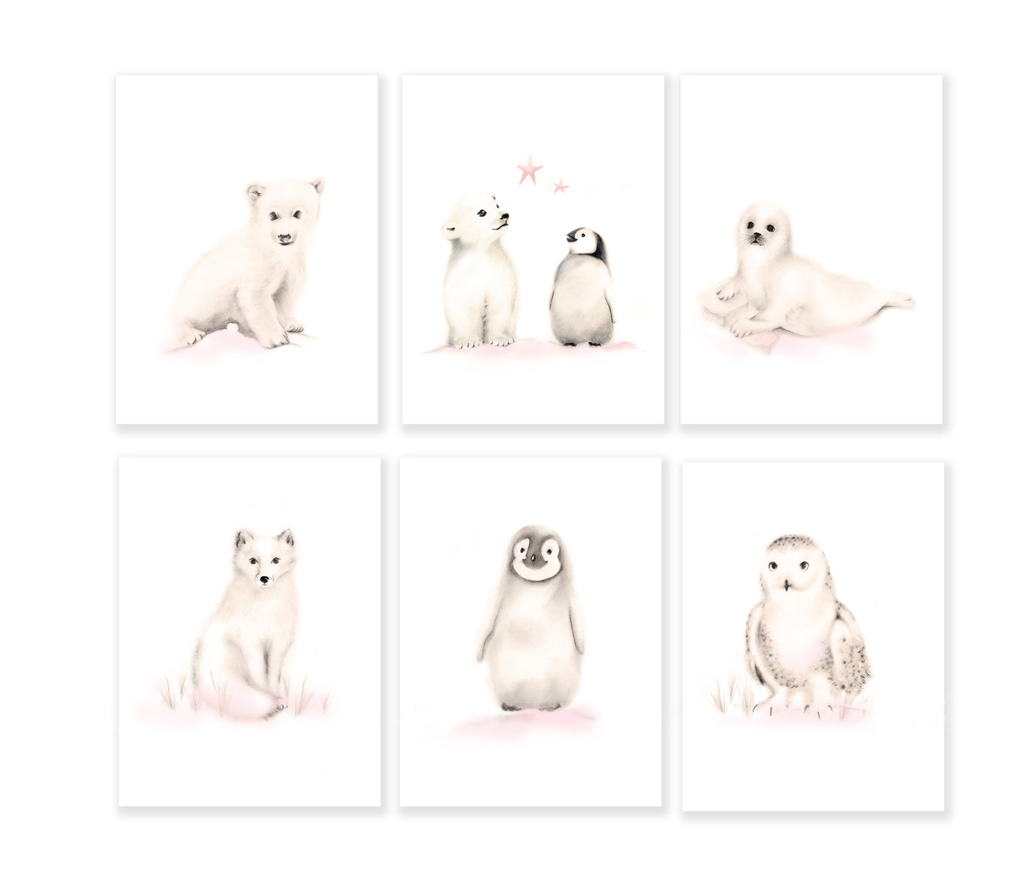 Arctic Animals Nursery Prints in Blush - Set of 6