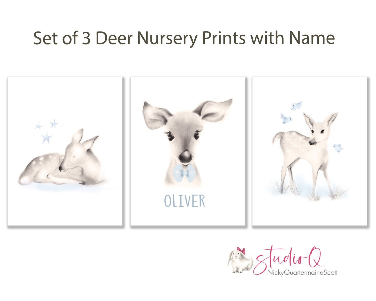 Deer Nursery Prints - Set of 3- Studio Q - Art by Nicky Quartermaine Scott