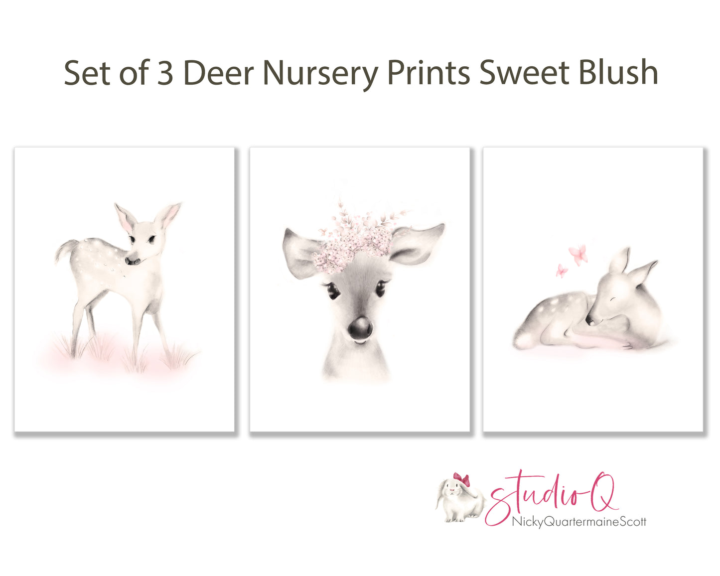 Deer Nursery Prints Sweet Blush - Set of 3 - Studio Q - Art by Nicky Quartermaine Scott