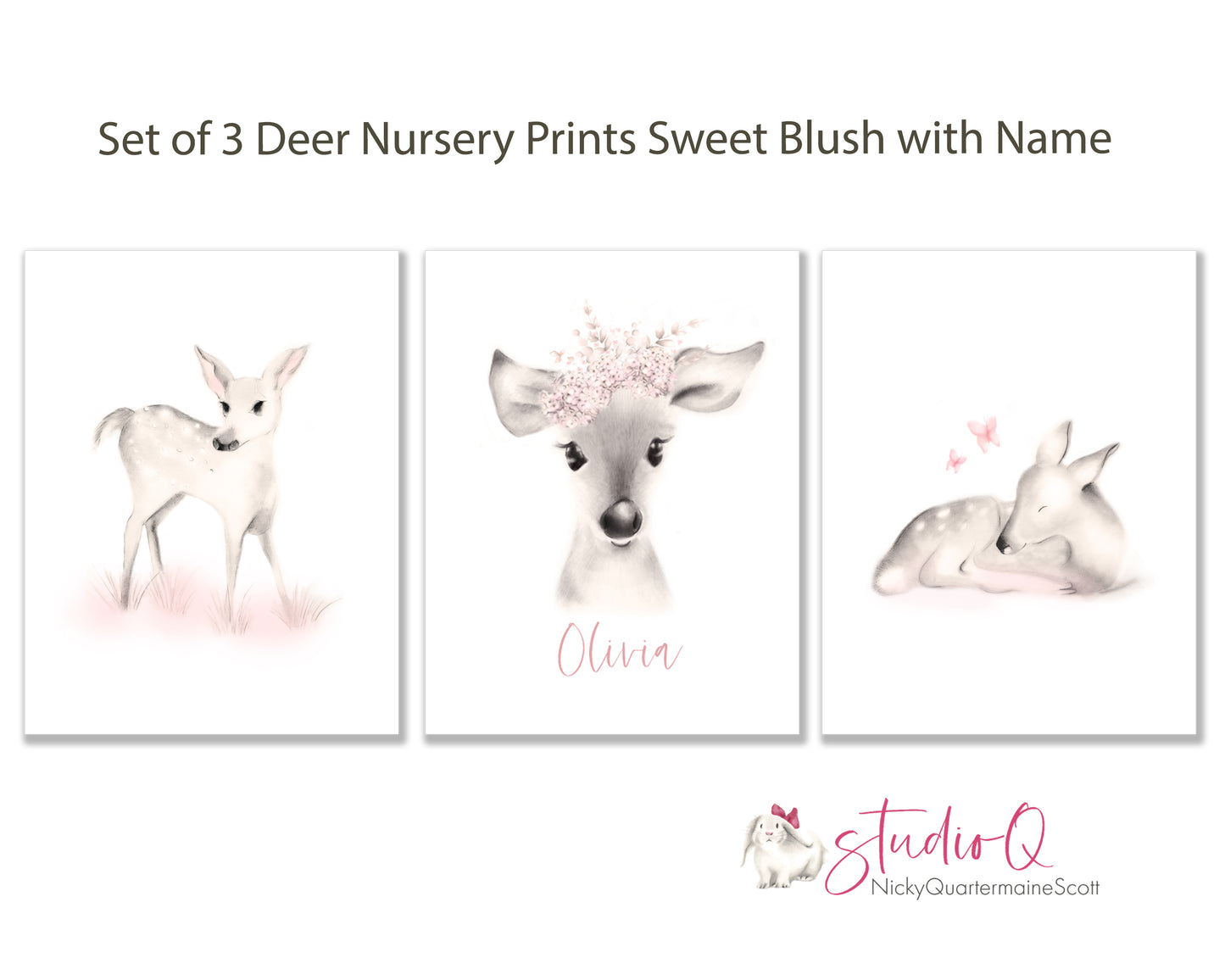 Deer Nursery Prints Sweet Blush - Set of 3 - Studio Q - Art by Nicky Quartermaine Scott