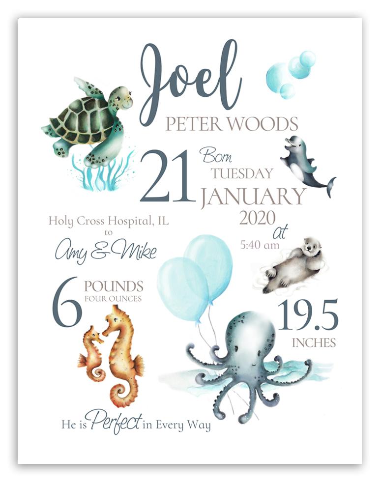 Ocean Birth Announcement Print - Studio Q - Art by Nicky Quartermaine Scott