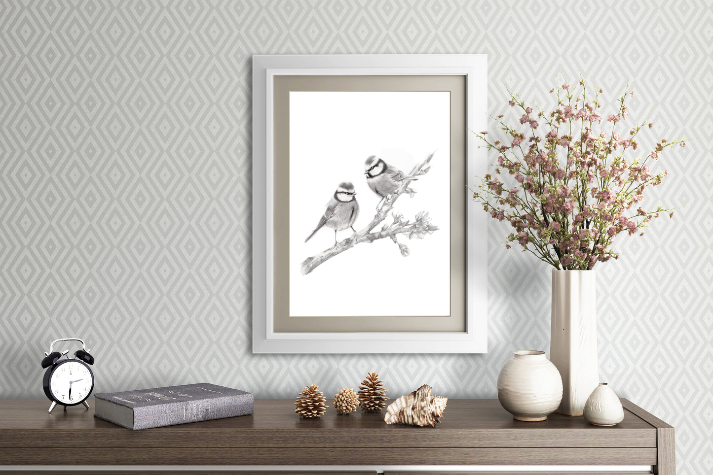 Two Birds on Branch Pencil Drawing Print - Studio Q - Art by Nicky Quartermaine Scott