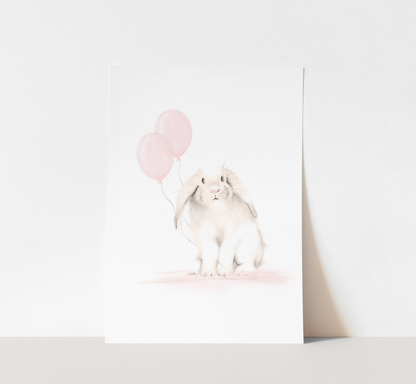 Bunny with Balloons Nursery Print in Sweet Blush- Studio Q - Art by Nicky Quartermaine Scott