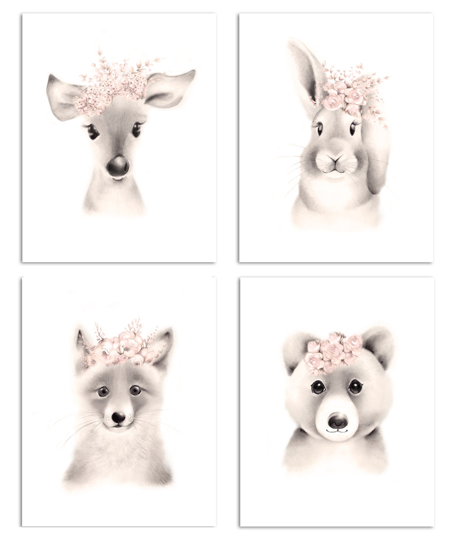 Baby Animals Flower Crown Prints in Sweet Blush - Set of 4 - Studio Q - Art by Nicky Quartermaine Scott