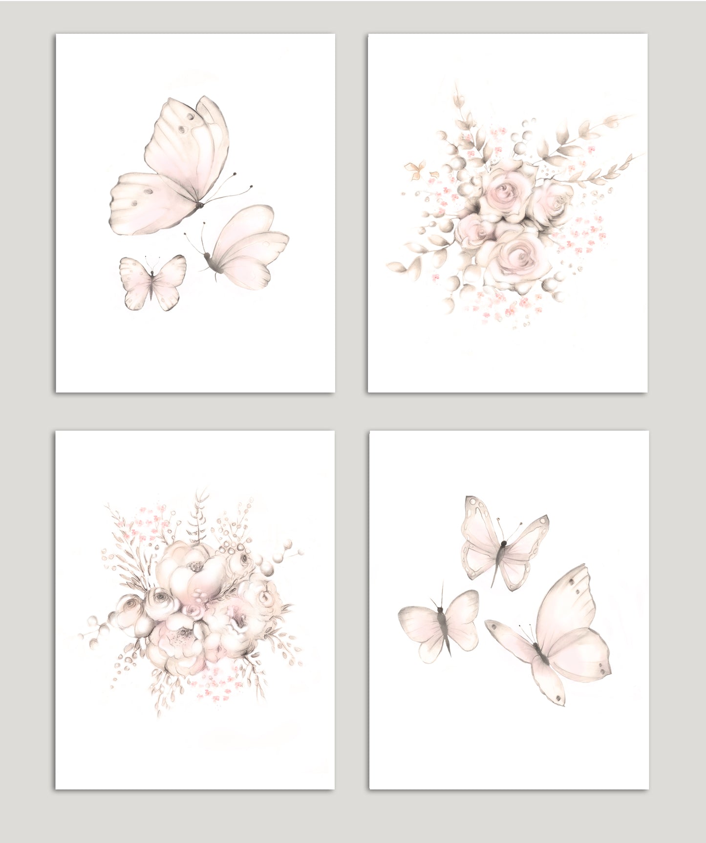 Flower and Butterfly Nursery Prints - Sweet Blush - Set of 4 - Studio Q - Art by Nicky Quartermaine Scott