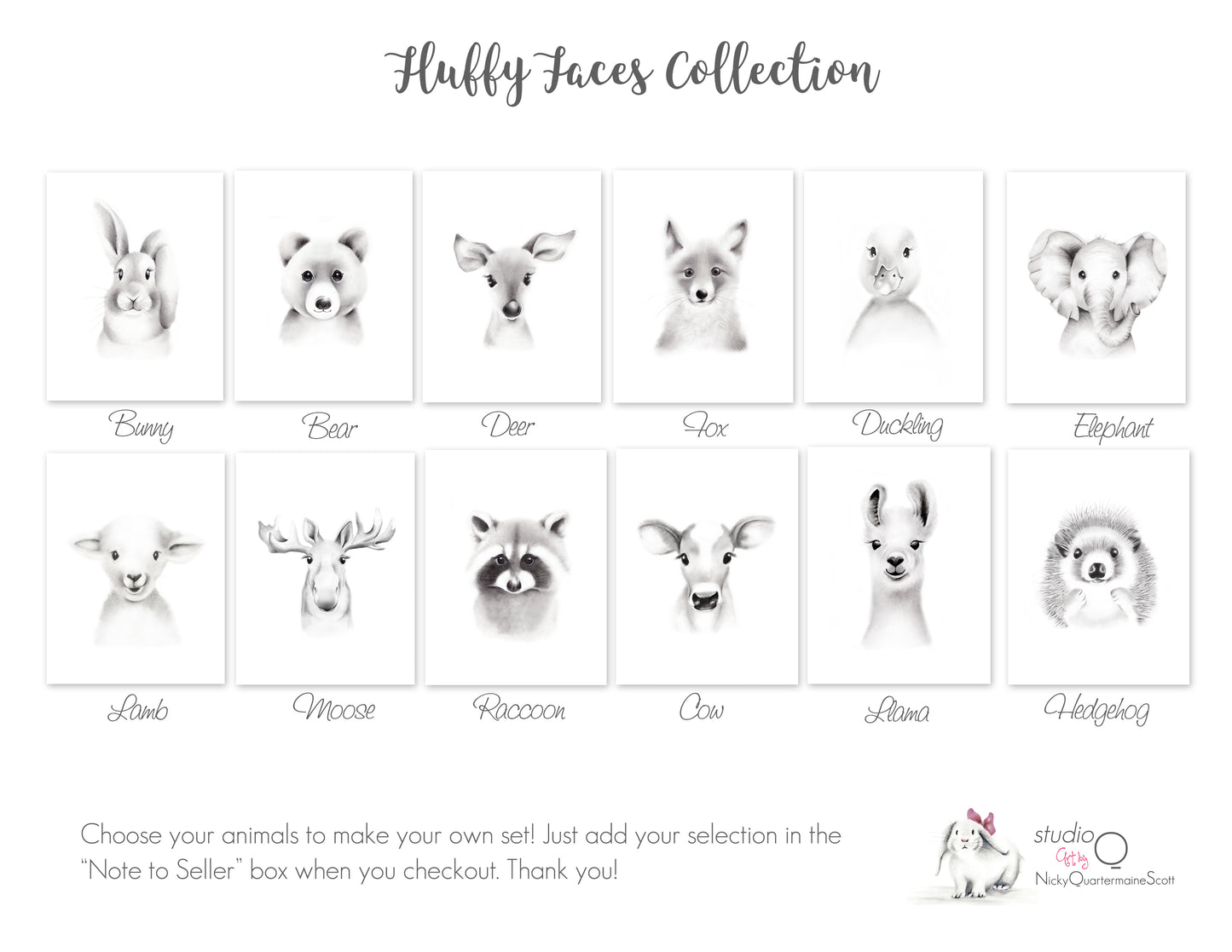 Baby Animal Fluffy Face Prints - Set of 3 - Studio Q - Art by Nicky Quartermaine Scott