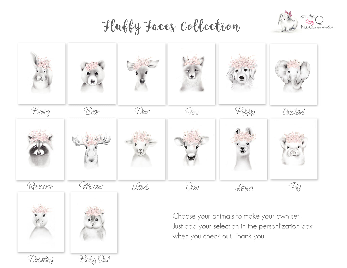 Baby Animal Flower Crown Prints - Set of 3 - Studio Q - Art by Nicky Quartermaine Scott