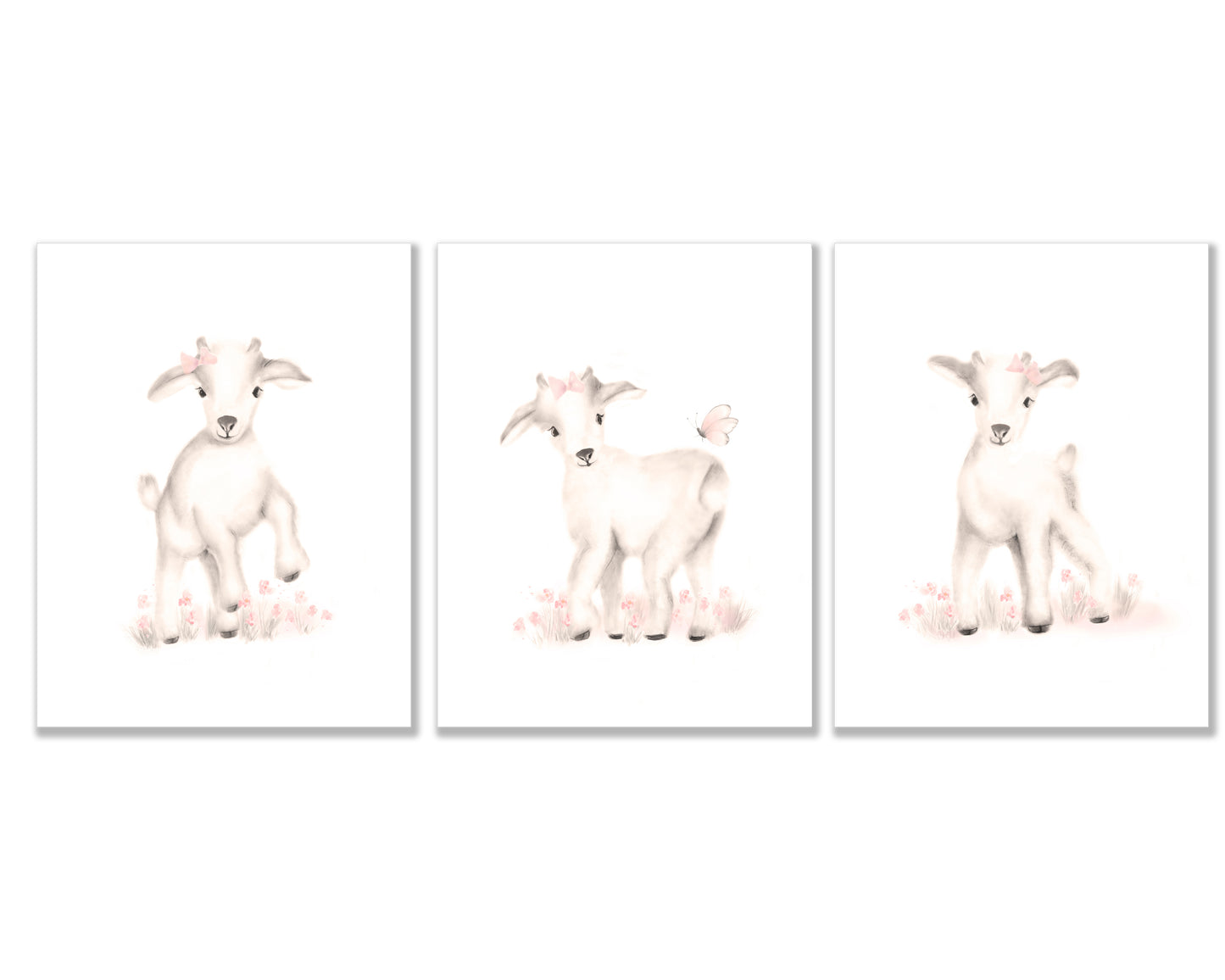 Set of three goat drawings in shades of sepia and sweet blush - Studio Q - Art by Nicky Quartermaine Scott