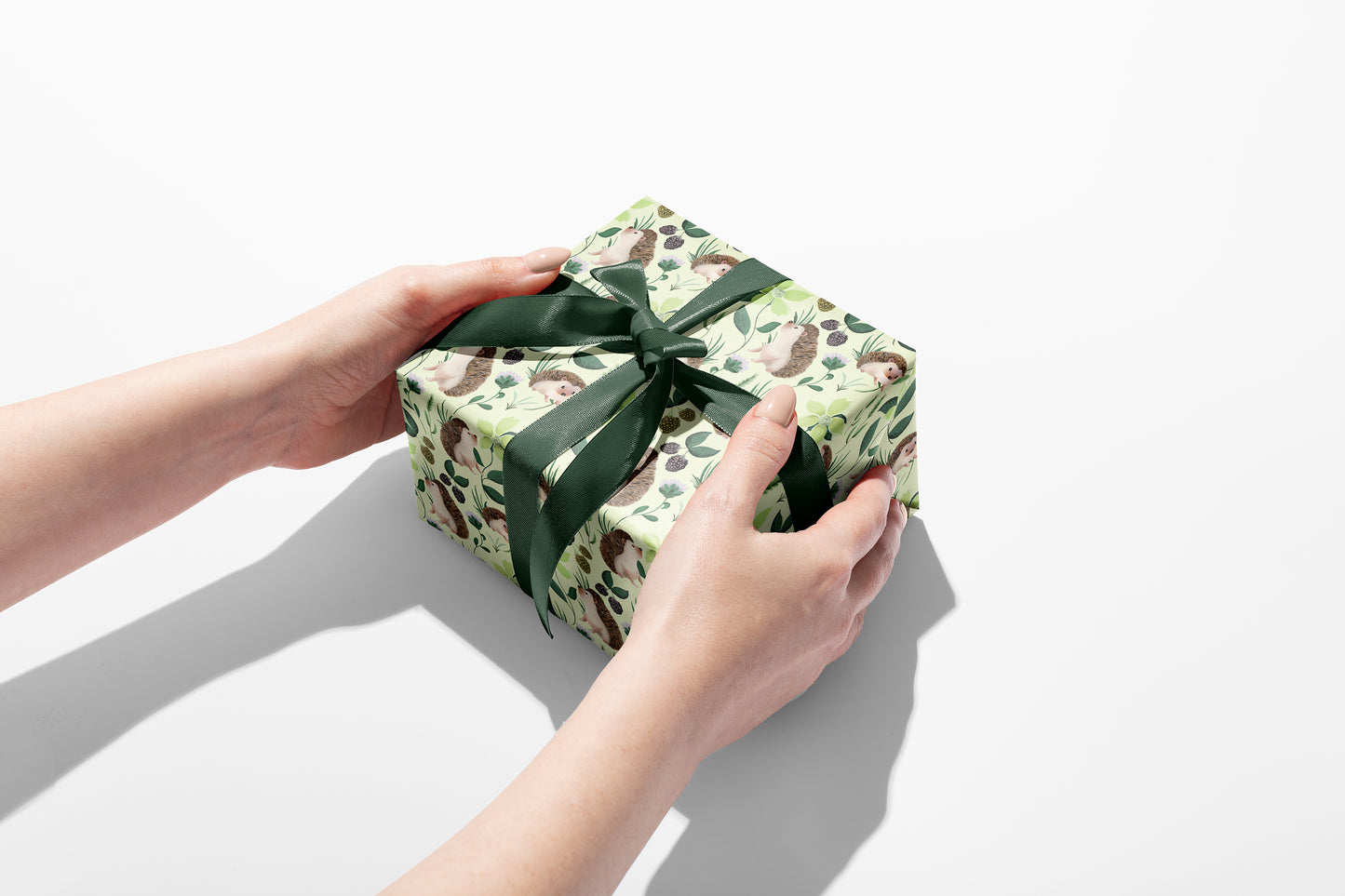 Hedgehog Floral Wrapping Paper in SAGE