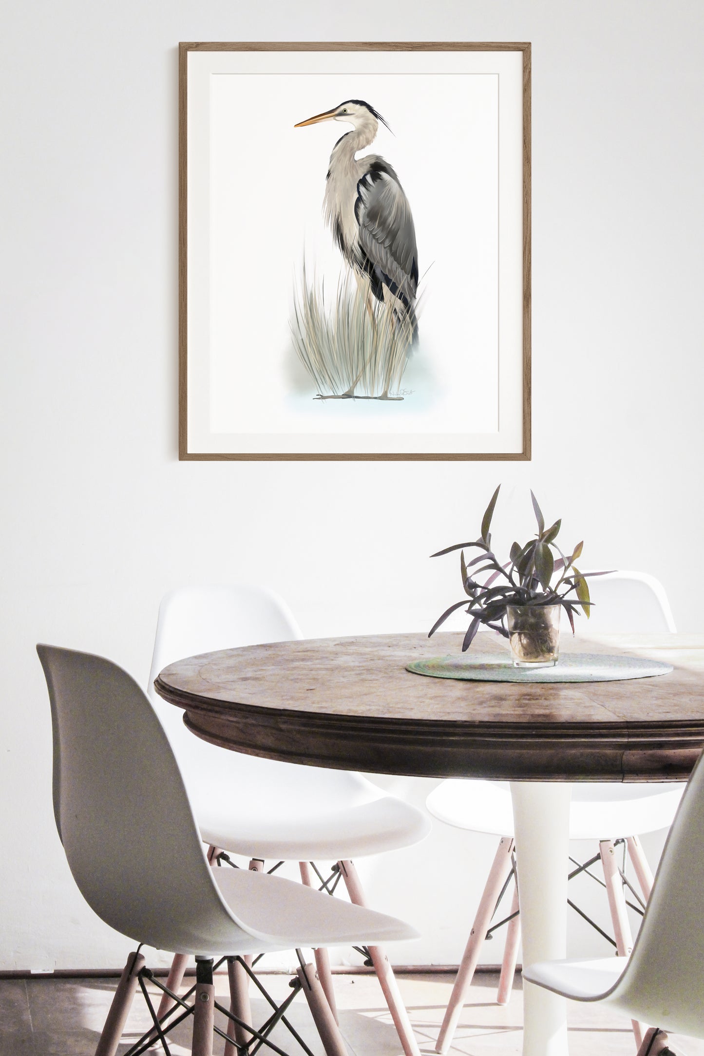 Painting of a Great Blue Heron bird in green grasses on a white background - Studio Q - Art by Nicky Quartermaine Scott