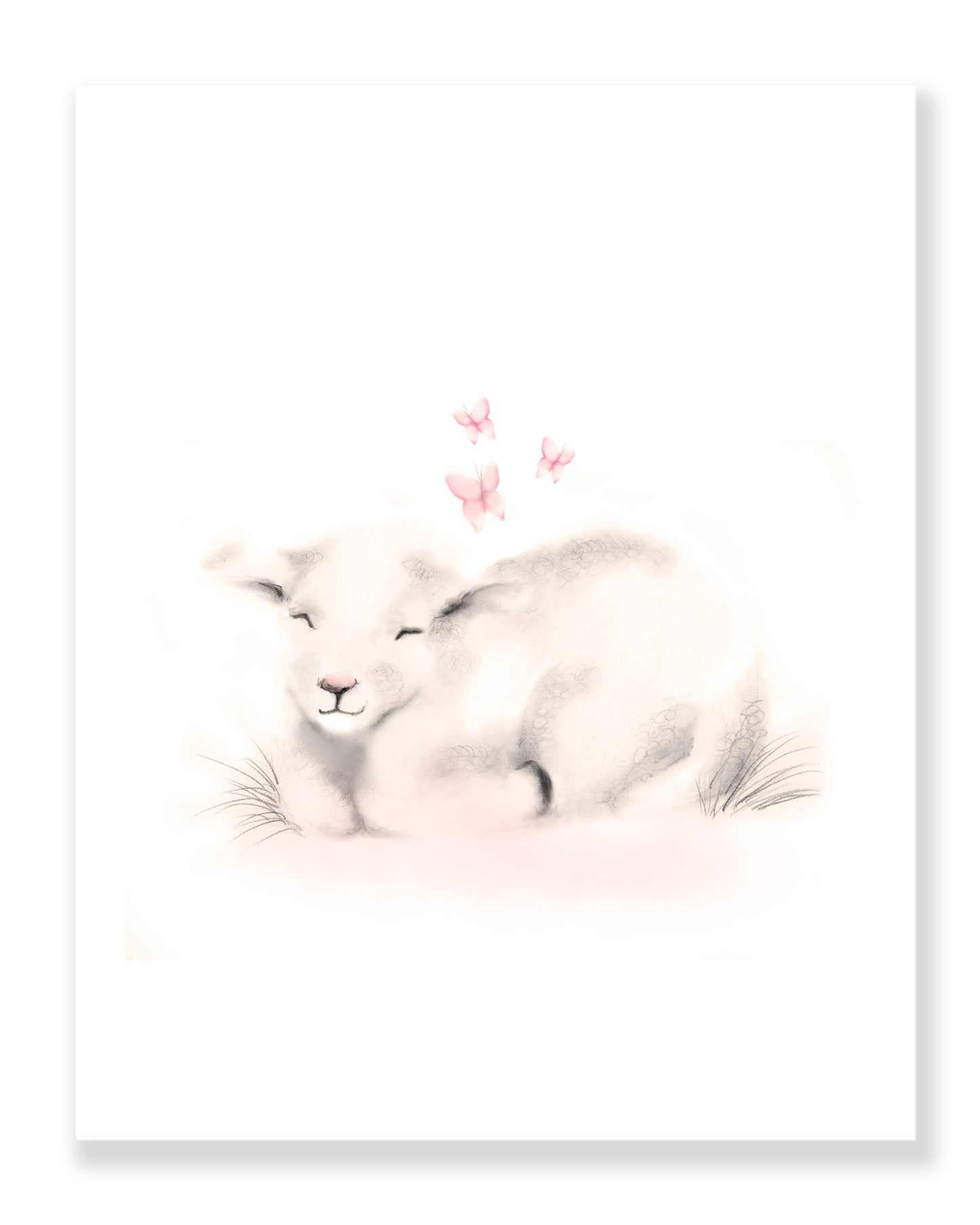 Sleeping Baby Lamb with Butterflies Art Print in Sweet Blush- Studio Q - Art by Nicky Quartermaine Scott
