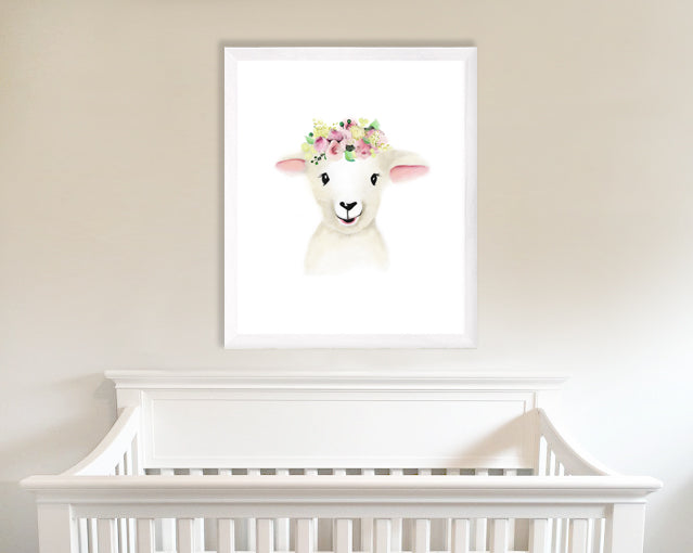 Lamb Pink Yellow Flower Crown Print - Studio Q - Art by Nicky Quartermaine Scott