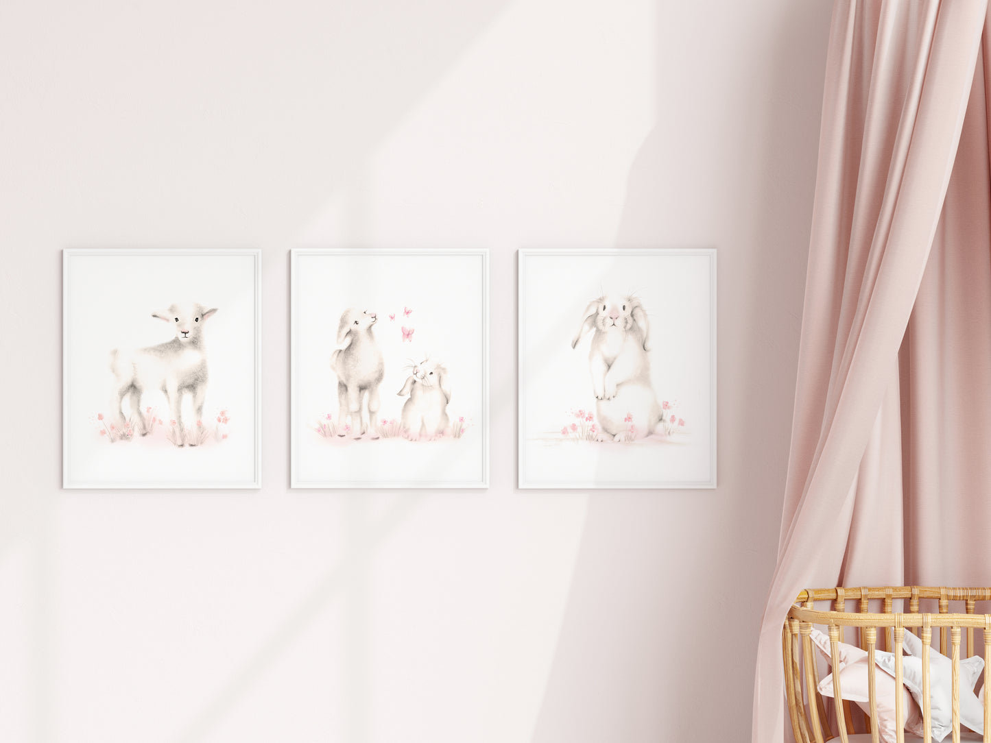 Lamb and Bunny Nursery Art Prints - Sweet Blush - Set of 3- Studio Q - Art by Nicky Quartermaine Scott