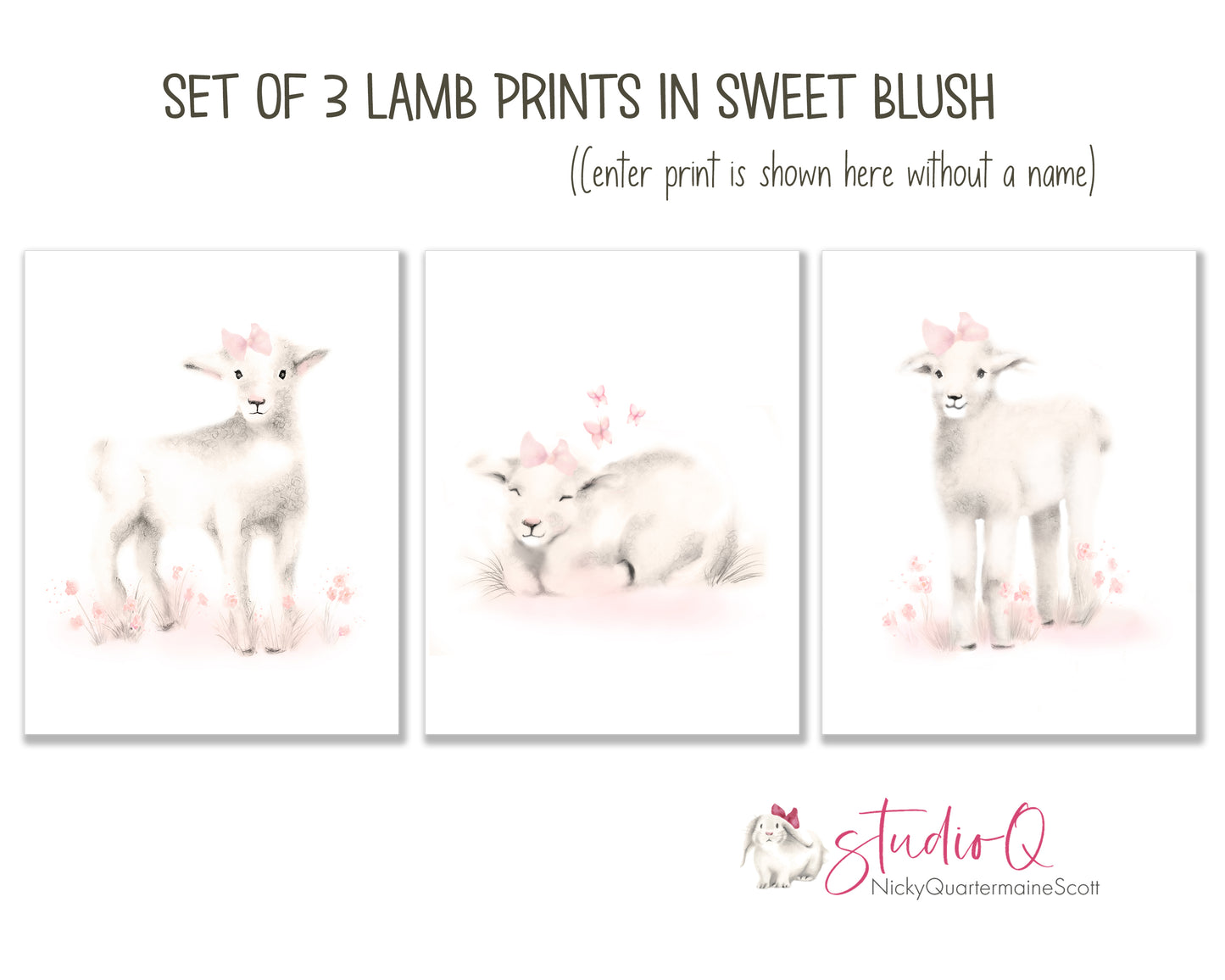 Personalized Lamb Nursery Art Prints Sweet Blush - Set of 3 - Studio Q - Art by Nicky Quartermaine Scott