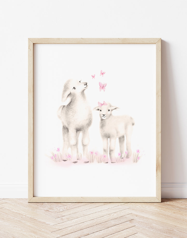 Mama and Baby Lamb Nursery Art Print in Sweet Blush – Studio Q