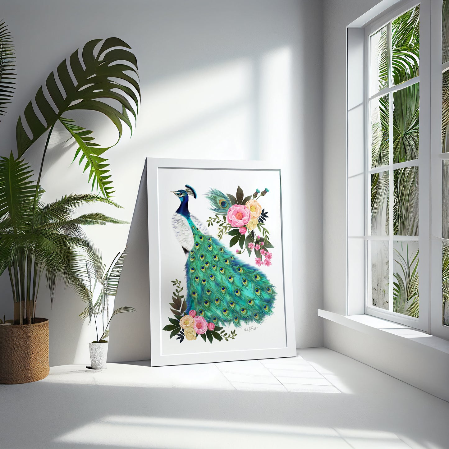 Peacock and Peonies Wall Art Print- Studio Q - Art by Nicky Quartermaine Scott