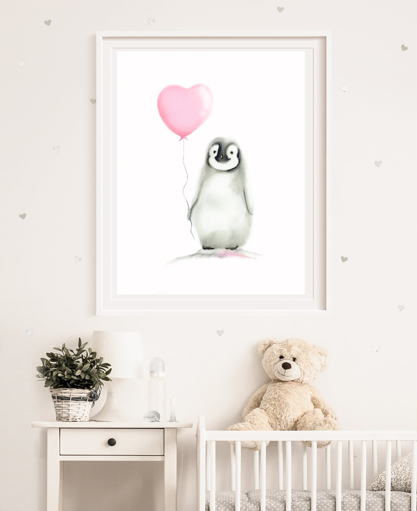 Penguin with Heart Balloon Nursery Art Print - Studio Q - Art by Nicky Quartermaine Scott