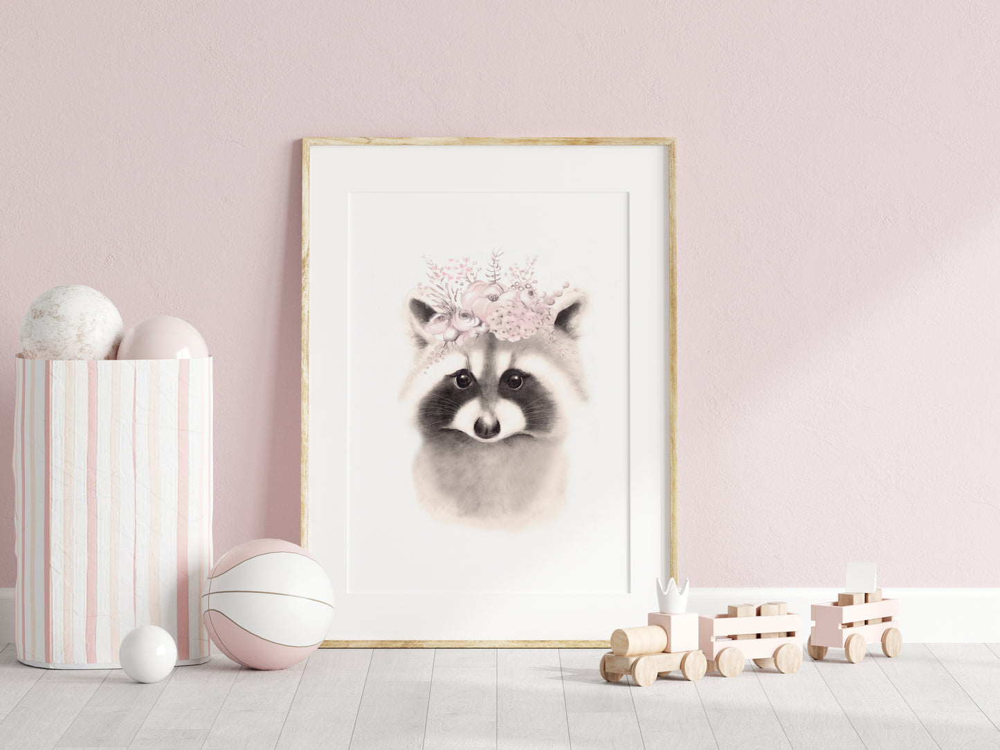 Raccoon Flower Crown Print in Sweet Blush - Studio Q - Art by Nicky Quartermaine Scott