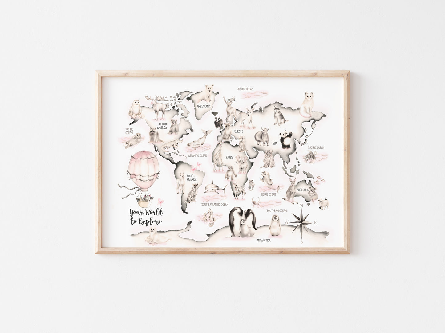 Pink Animal World Map Print Custom Name - Studio Q - Art by Nicky Quartermaine Scott