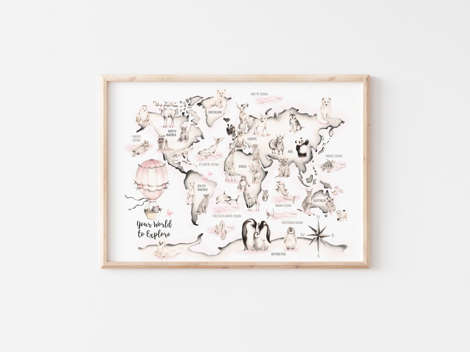 Pink Animal World Map Print Custom Name - Studio Q - Art by Nicky Quartermaine Scott