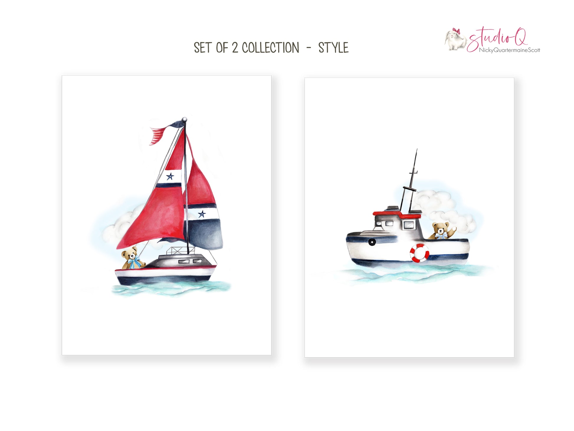 Nautical Nursery Boats with Teddy Bear Prints - Studio Q - Art by Nicky Quartermaine Scott