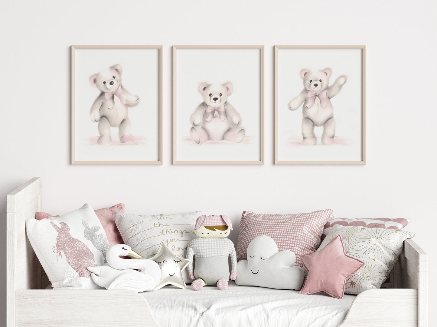 Teddy Bear Nursery Prints - Sweet Blush - Set of 3 - Studio Q - Art by Nicky Quartermaine Scott