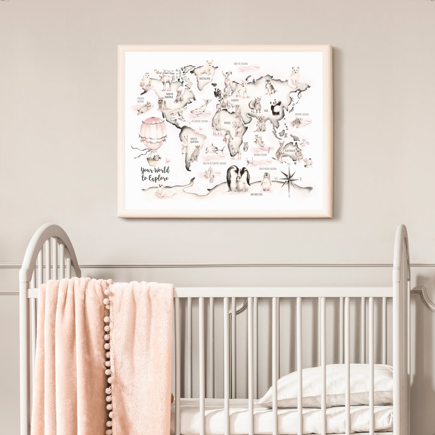 Pink Animal World Map Print Custom Name - Studio Q - Art by Nicky Quartermaine Scott