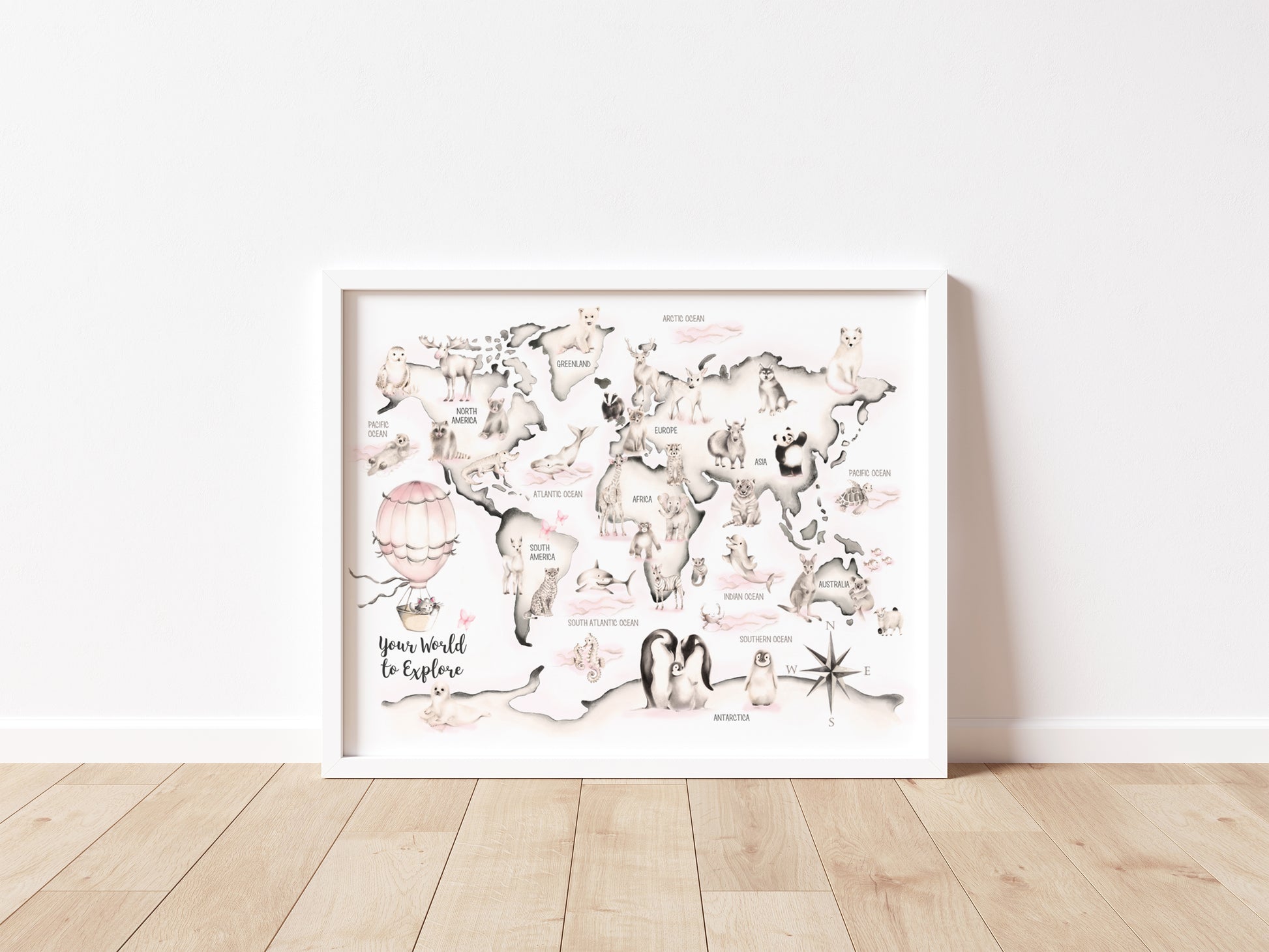 Pink Animal World Map Print Custom Name - Studio Q - Art by Nicky Quartermaine Scott