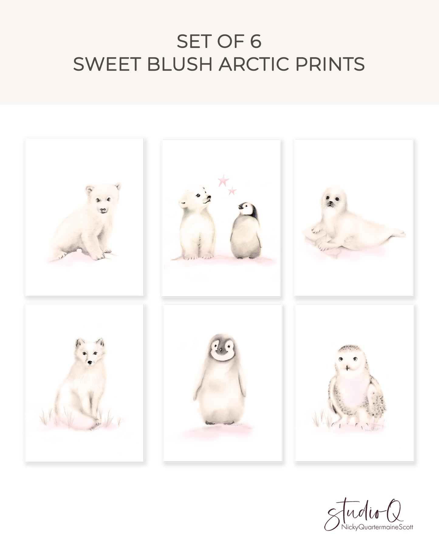 Arctic Animals Nursery Prints in Blush Pink - Set of 6
