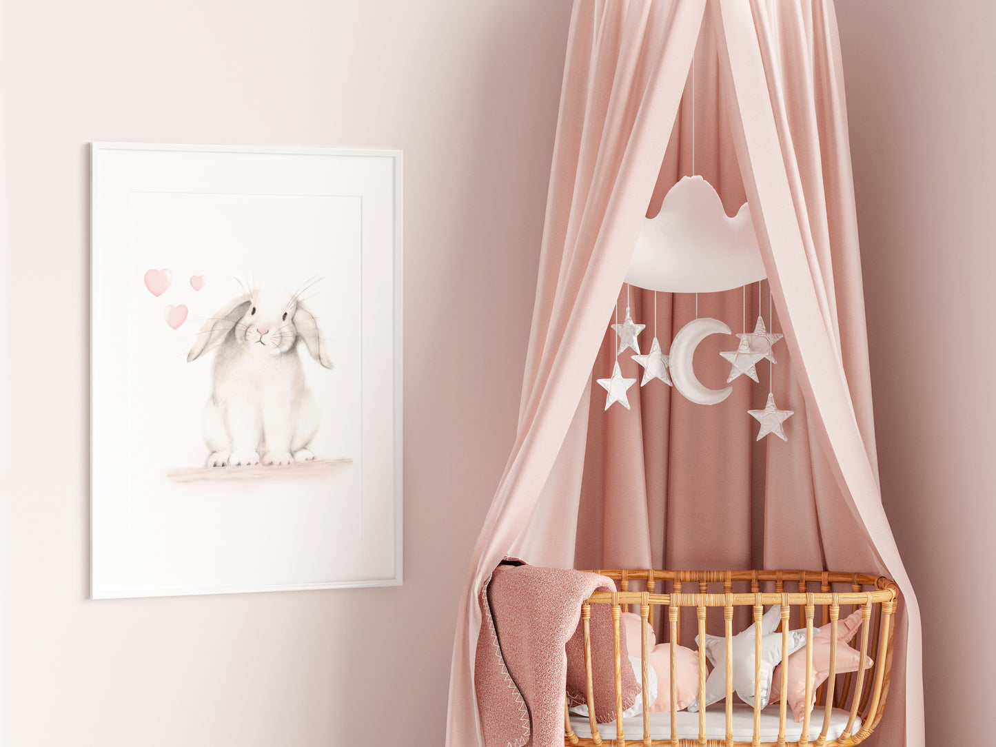 Bunny with Hearts Nursery Print in Sweet Blush 1