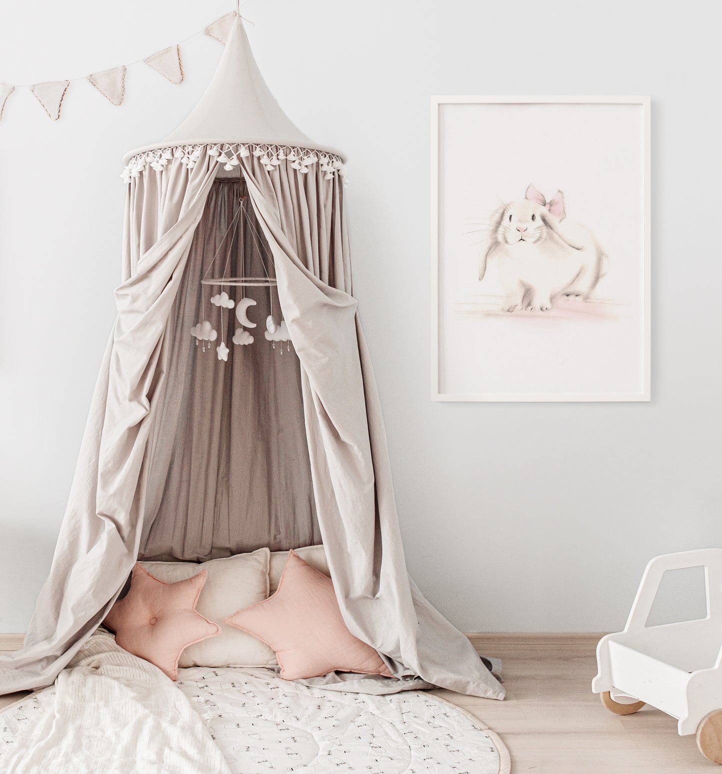 Bunny with Bow Nursery Print in Sweet Blush