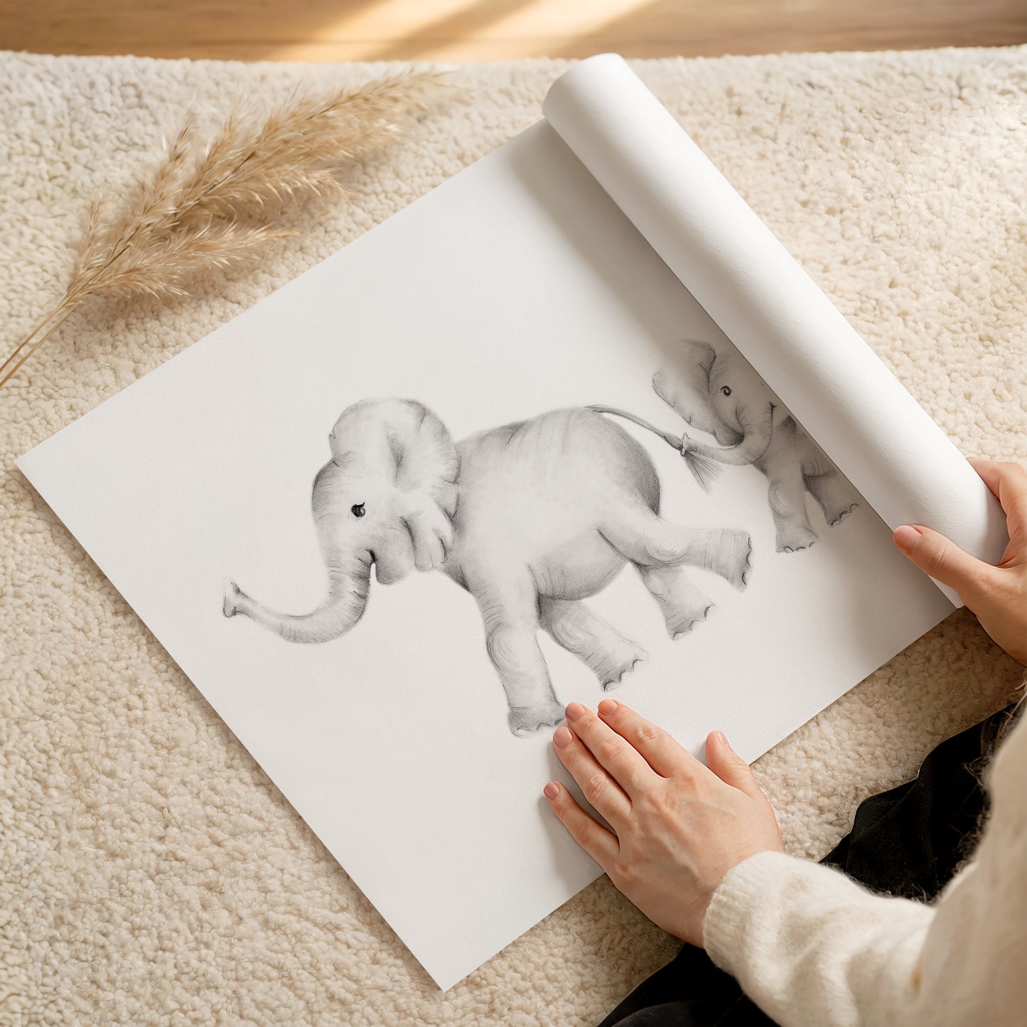 Elephant Family Pencil Drawing Unframed Print