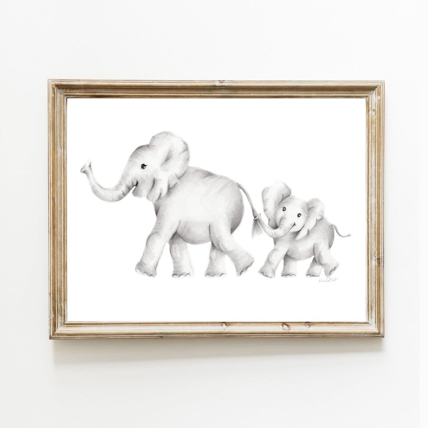 Elephant Family Pencil Drawing Unframed Print