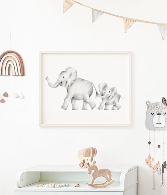 Elephant Family Pencil Drawing Unframed Print