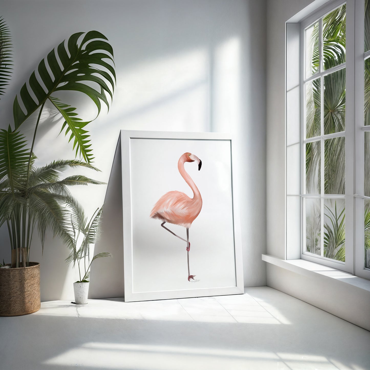 Framed artwork of a pink flamingo on a white wall with plants and a window in the background.