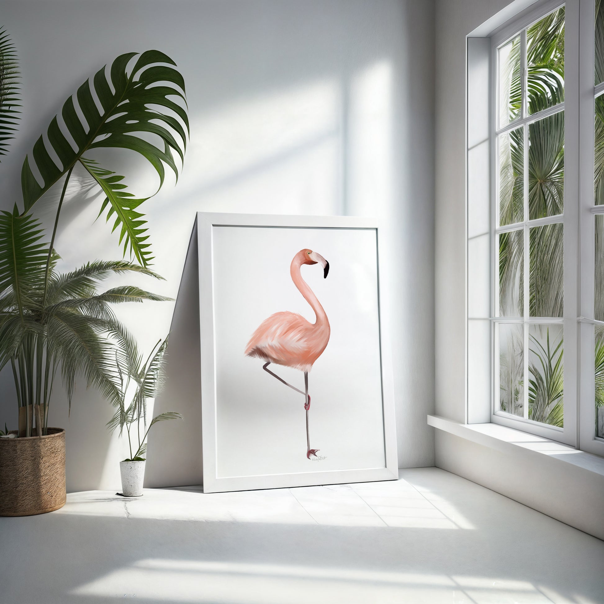 Framed artwork of a pink flamingo on a white wall with plants and a window in the background.