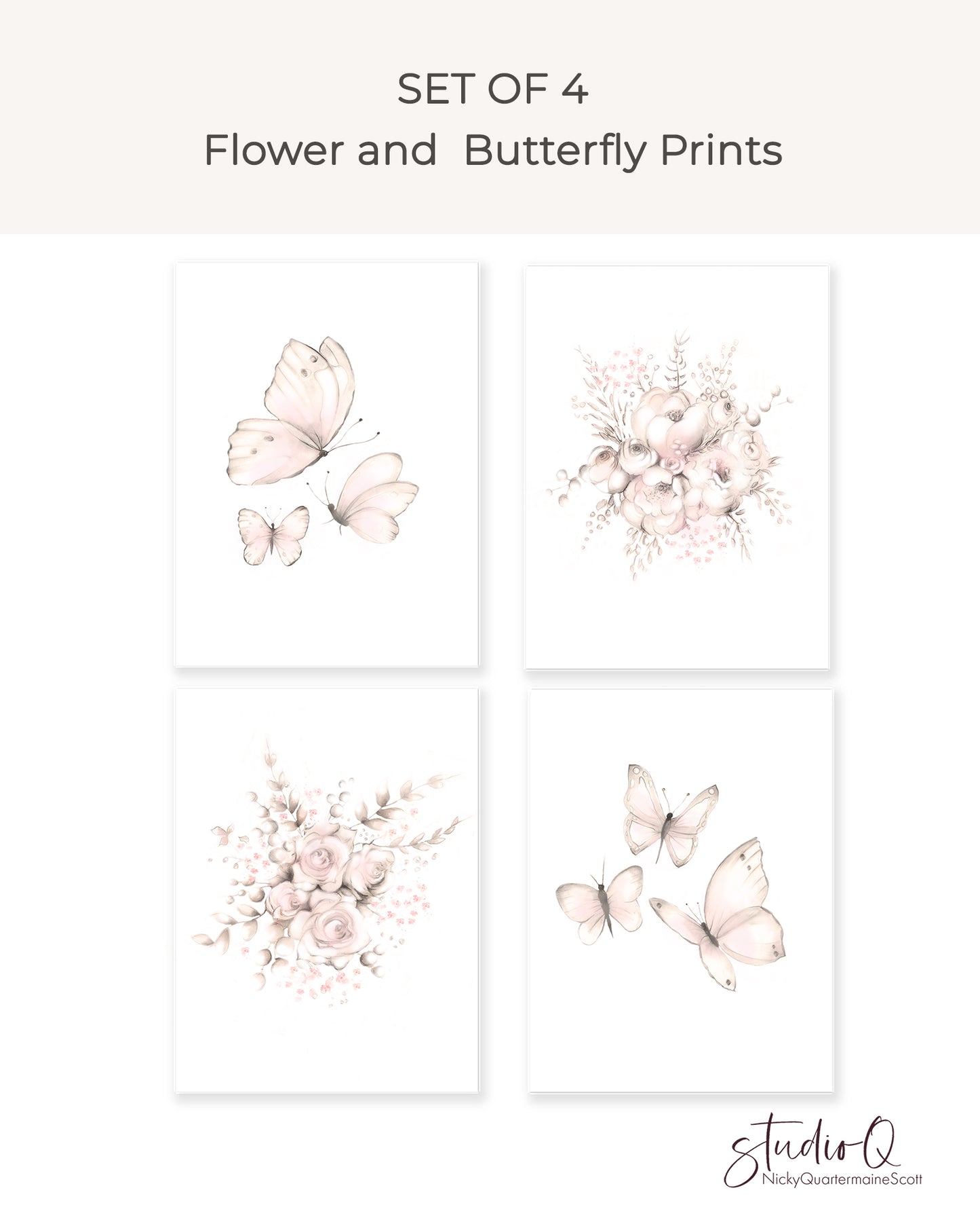 Flower and Butterfly Nursery Prints - Sweet Blush - Set of 4