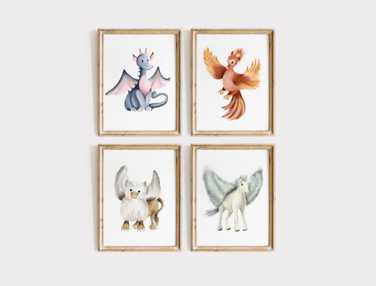 Four framed illustrations of mythical creatures including dragons, phoenix, griffin and pegasus on a white wall