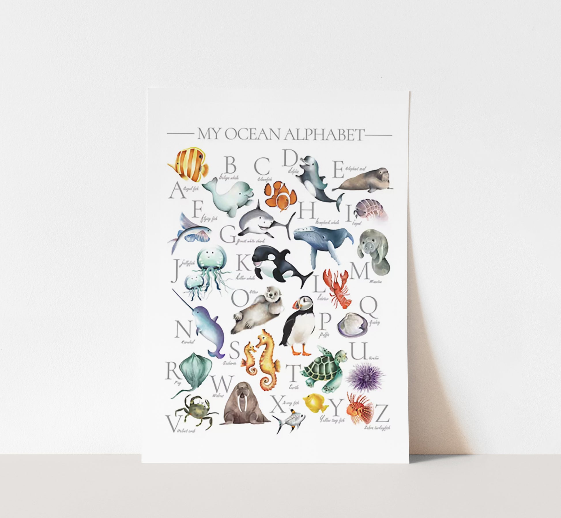 Colorful ocean animal alphabet print for kids with underwater animals from A thru Z framed in a light wood frame hanging on a wall in a kids bedroom- Studio Q - Art by Nicky Quartermaine Scott